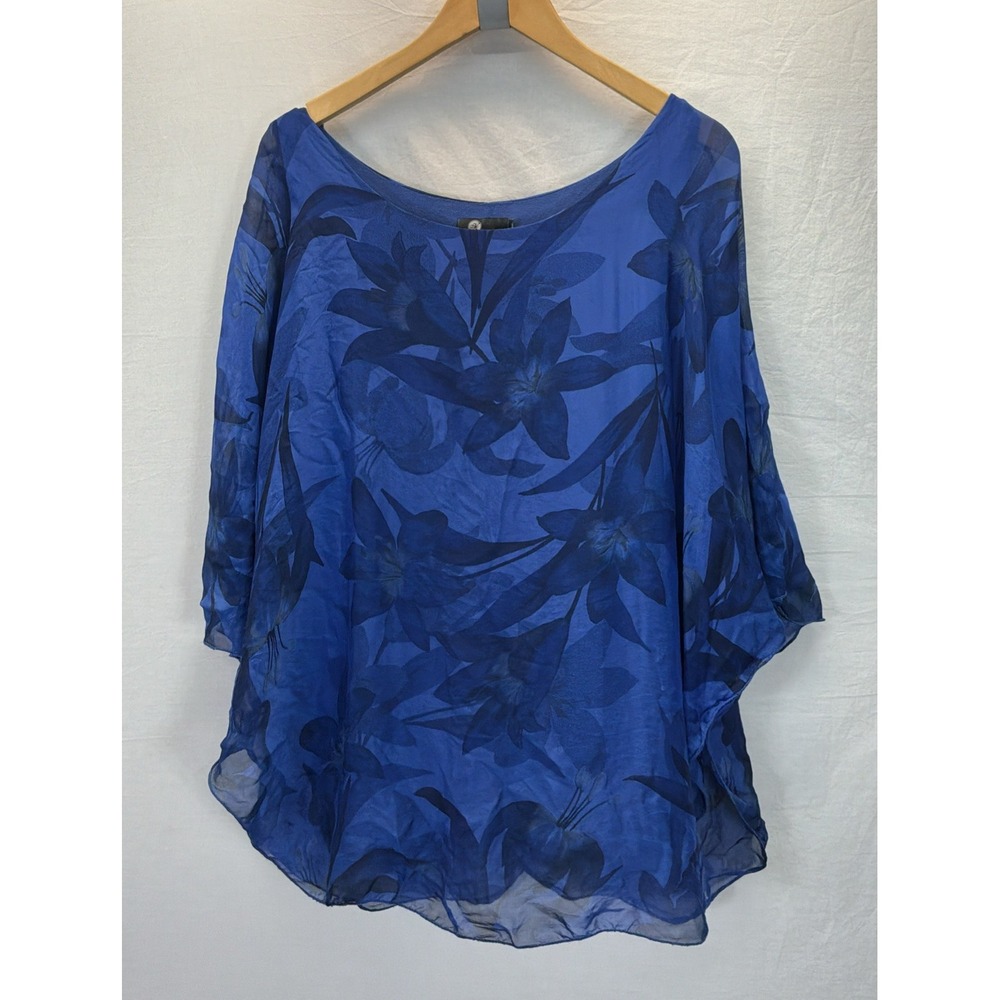 Made in Italy Floral Top Blue Silk Blnd Overlay Fairy Flowy Breezy Beach M